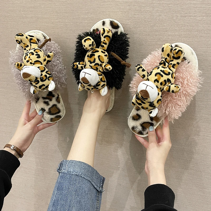 Cartoon Tiger Plush Slippers Autumn and Winter Fashion All-match Outer Wear Flat-bottomed Cotton Slippers Plush slippers animals