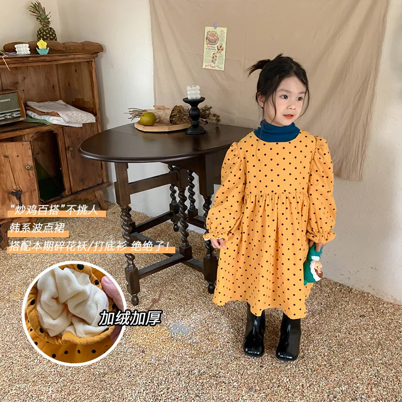 

MILA CHOU 2021 Winter Baby Girls Corduroy Thick Velvet Wave Spots Dress Children Korean Long-sleeve Princess Dress Kids Clothes