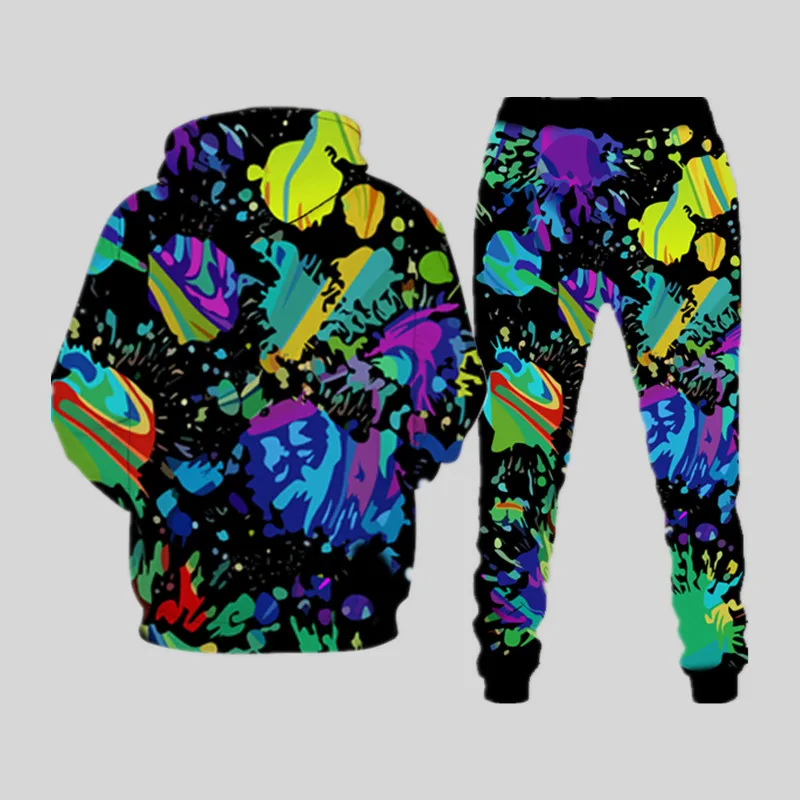 Autumn Trendy Hoodie Sweatshirt Suit Ink Graffiti Hooded Tracksuit Mens Sets Couple Casual Long Sleeve Tops and Pants Outfits