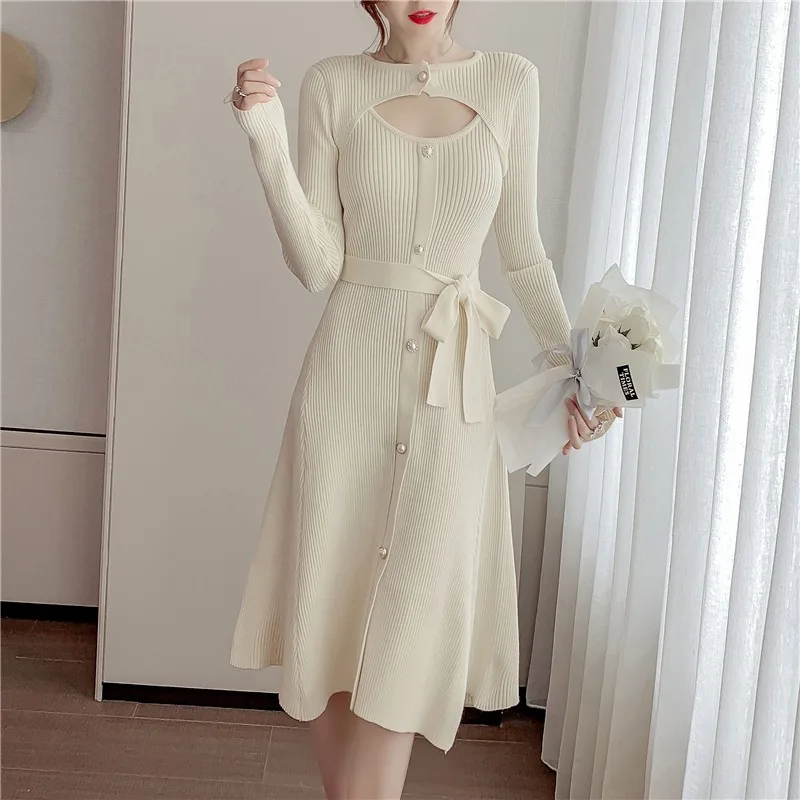 

Autumn And Winter New Knitted Dress High End Luxury Hollowed Out Design Temperament Shawl Fake Two Skirts