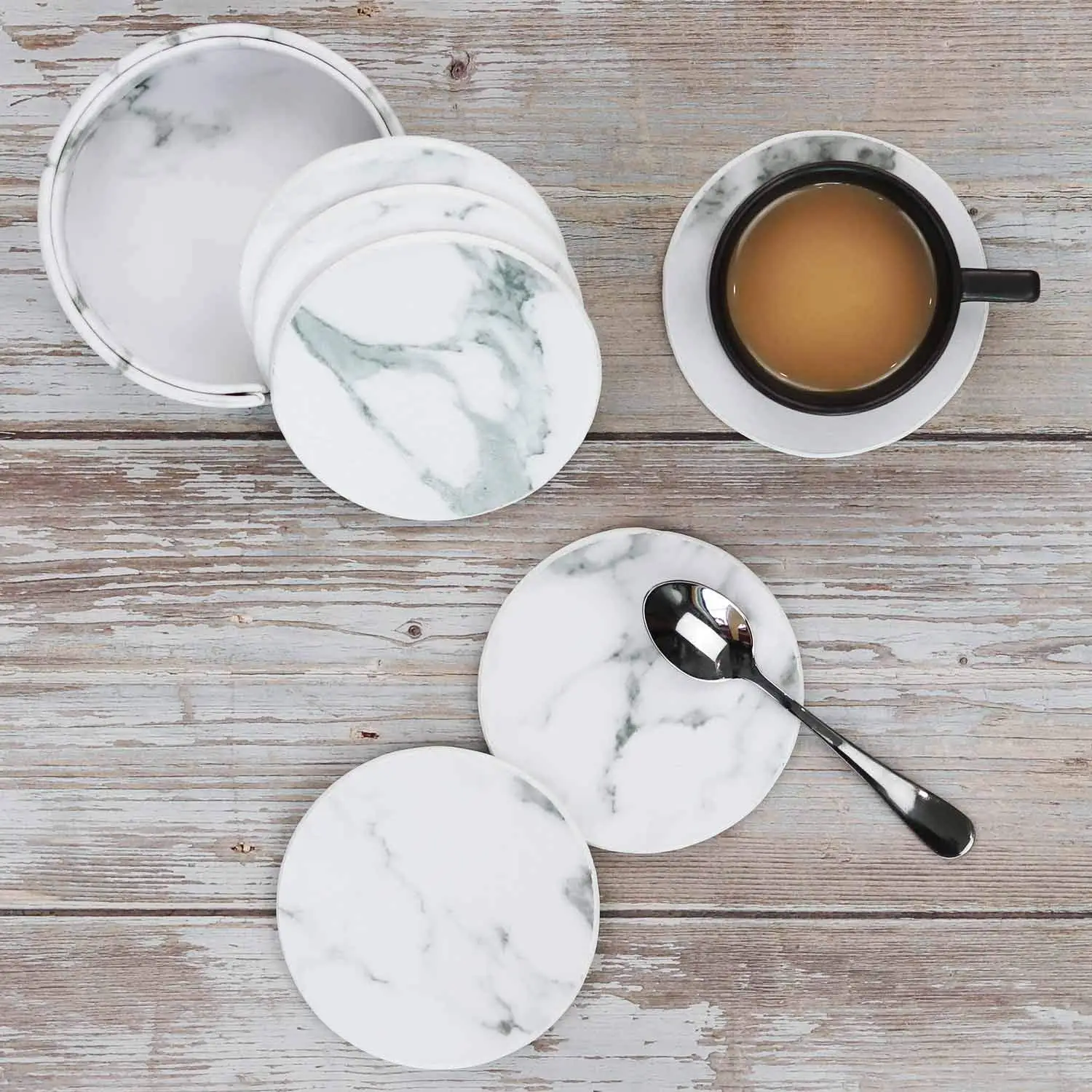 6 pcs Marble Coasters with Holder for Drinks Leather Round Cup Mat Pad Home and Kitchen Housewarming Gift | Дом и сад