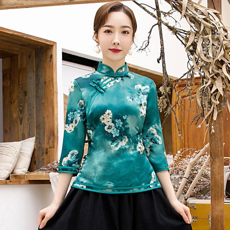 

Green Chinese Style Women Shirt Vintage Blouse Cheongsam Lady Clothing Summer Qipao Dress Mandarin Collar Gown Vestido M-4XL