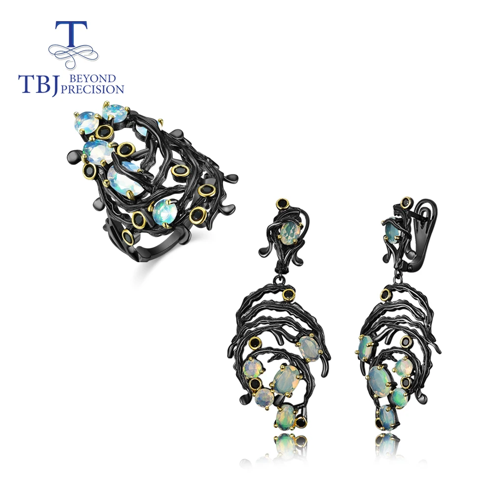 

Женский комплект из кольца и серег TBJ, ювелирные украшения с натуральными опалами, в оправе из серебра 925 пробы, в винтажном стиле, 2020