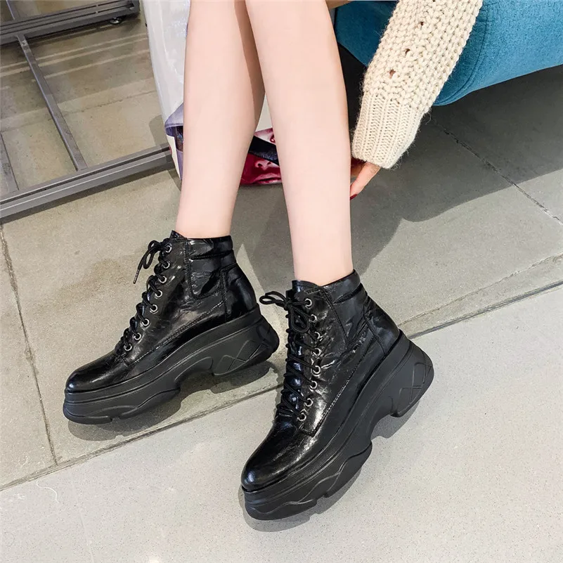 

Meotina Autumn Ankle Boots Women Natural Genuine Leather Flat Platform Short Boots Lace Up Round Toe Shoes Lady Black Size 34-39
