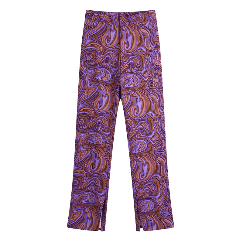 

Women 2021 za fashion split hem printed flare pants vintage high waist zipper fly female trousers mujer