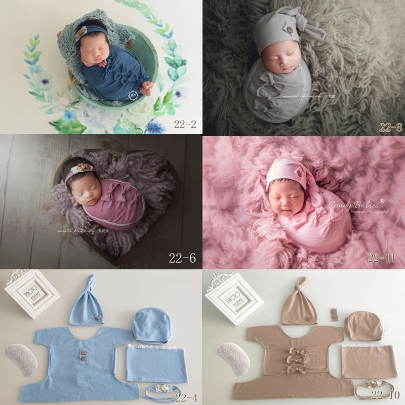 Newborn Photography Clothing Baby Wrap+Top Knot Hat+Headband 7pcs/set Infant Shoot Outfits Baby Photo Props Accessories Clothes