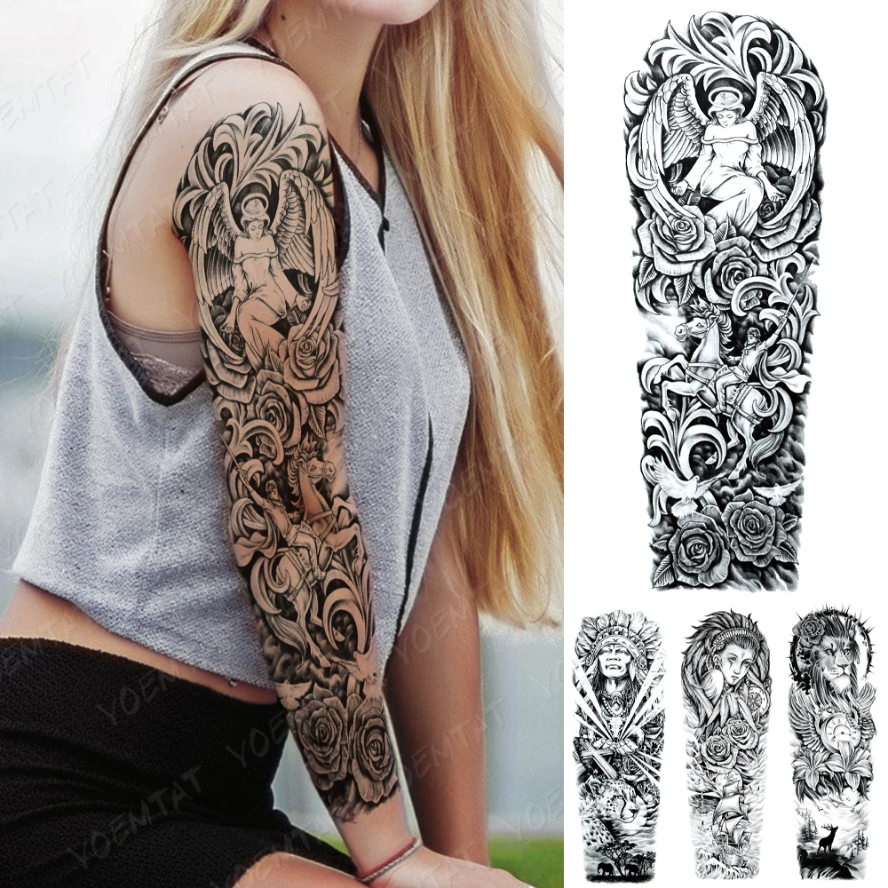 

Full Arm Tatto Angel Rose Leopard Lion Clock Waterproof Temporary Tattoo Stickers Body Art Flash Fake Tatoo Women Men