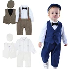 Смокинг для новорожденных мальчиков, комплект одежды для крещения, Ромпер Для новорожденных на свадьбу, вечеринку, Официальный наряд для малышей, саржевый костюм с длинным рукавом