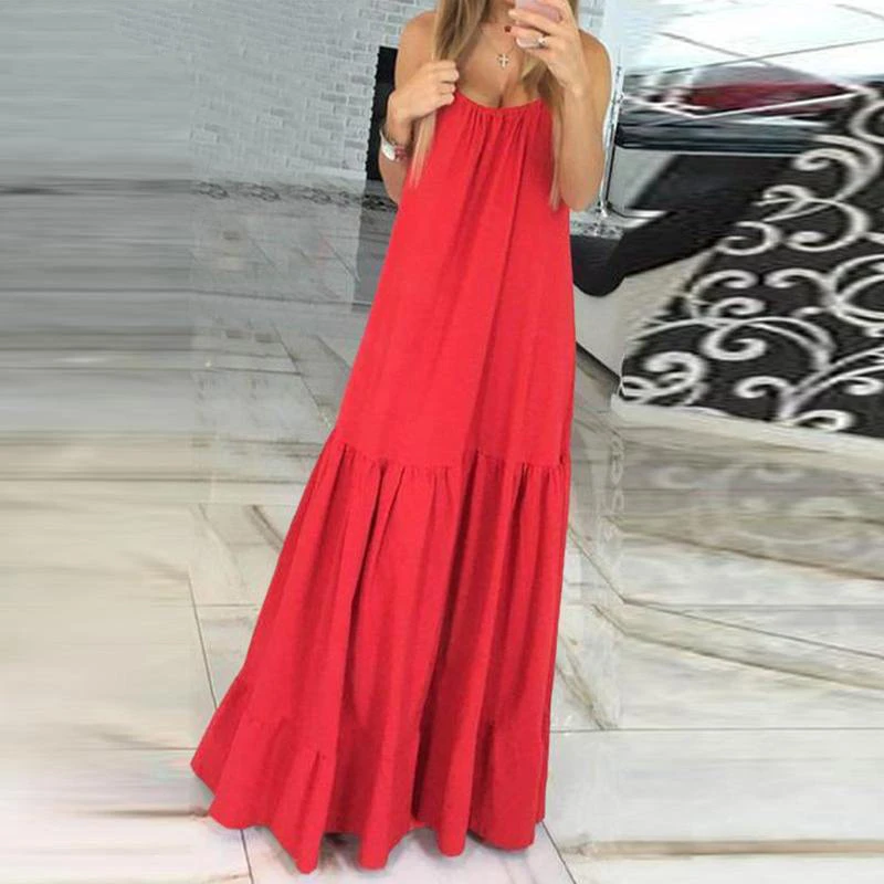 Bohemian Dress Women 2019 Summer Sexy Sleeveless Spaghetti Strap Ruffle Swings Maxi Long Dresses Holiday Vestido Plus Size YXBD8 | Женская
