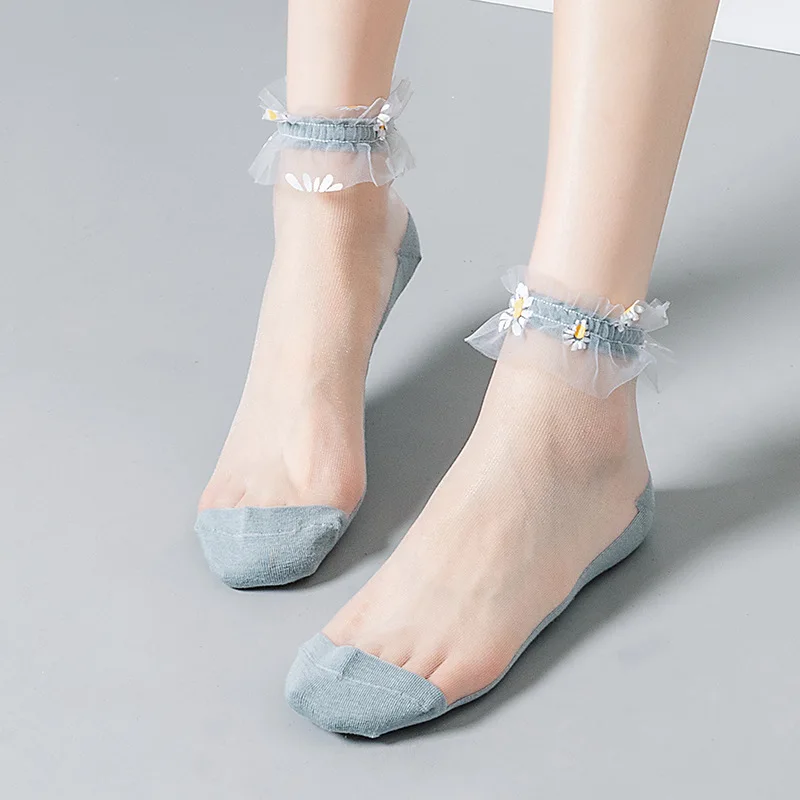 

Hot New Summer Small daisies Ankle Socks Women Ladies Boat Focks Silk Socks Transparent Elastic Floral Ultra Thin Short Socks