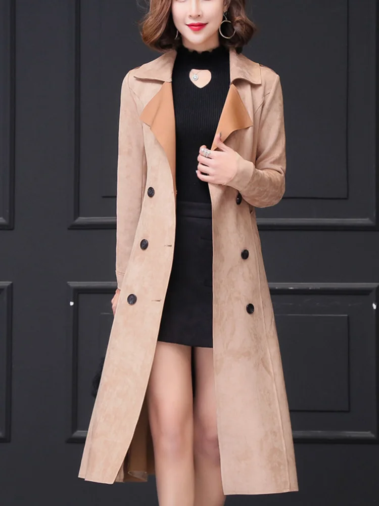 

Вельветовый тренчкот оверсайз, облегающий двубортный плащ с ремнем, Европейский, американский уличный стиль, дизайнерский замшевый тренчк...