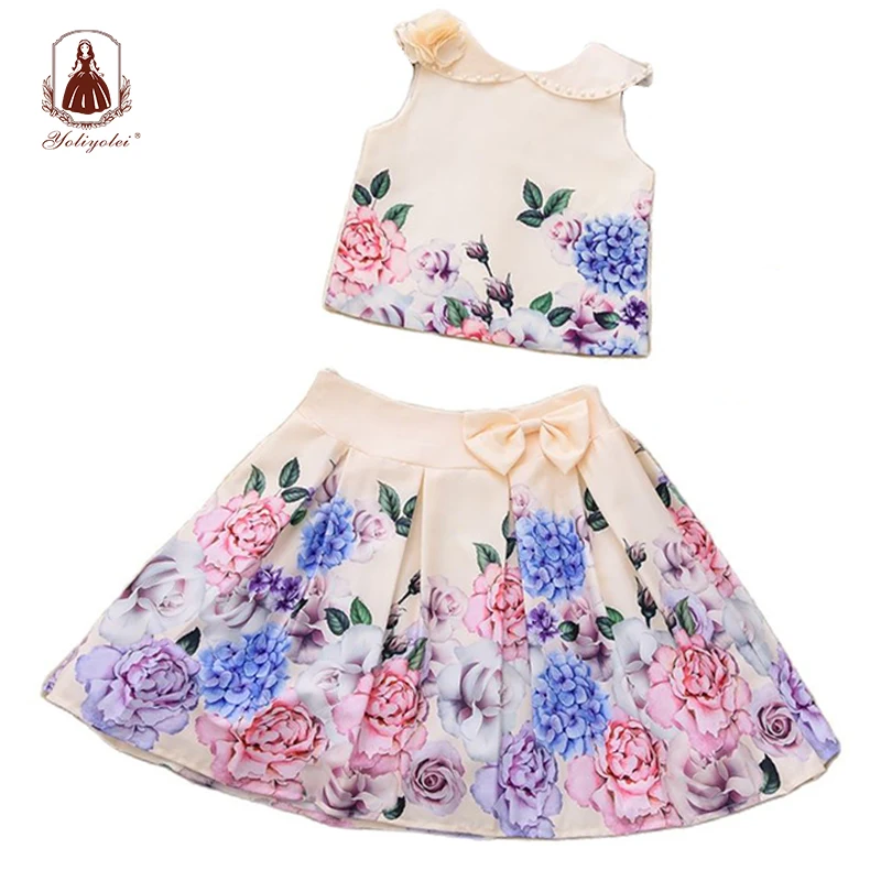 

Yoliyolei Applique Decoration Kid Girls Clothes Set Outfits 10y Champagne Peter Pan Collar Skirt Set Cute Printing Flower Dress