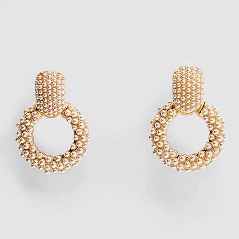 Gold Color 1 Girlgo Винтаж искусственный жемчуг круглый ZA Висячие серьги для женщин модные металлические Макси золотой цвет кулон серьги Свадебные ювелирные изделия оптом - Окраска металла: Gold Color 1
