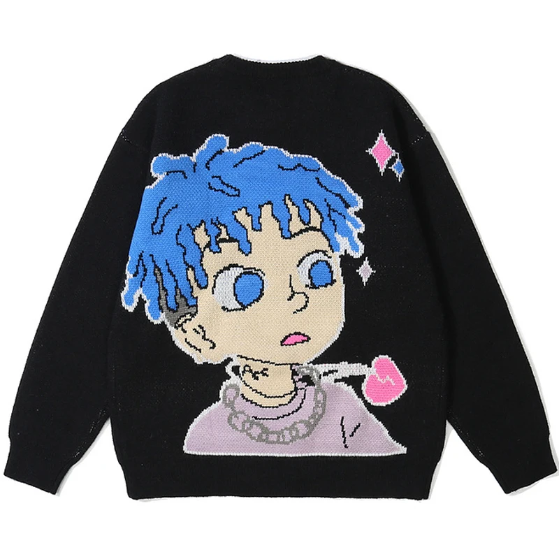 

Mens Harajuku Cartoon Boy Sweaters Unisex 2021 Winter Oversized Couple Knitted Sweaters Casual Loose Retro white Pullover Tops