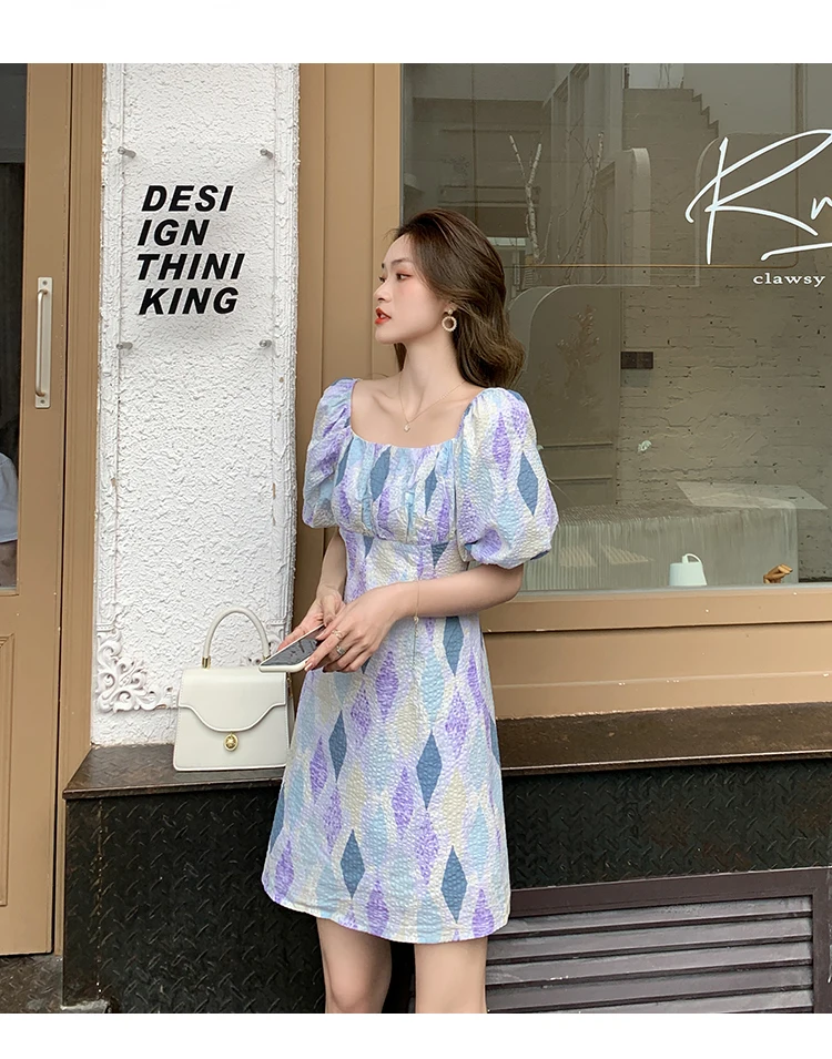 

Blue Plaid Mini Dress Woman Summer New Retro Fashion Square Neck Puff Sleeve High Waist Pleated Thin Elegant Short sleeve Dress