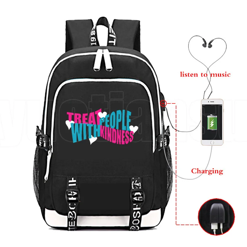 

Treat People with Kindness USB Charing Backpack Woman Bag School Bags Teenage Girls Fine Line Bookbag Harry Styles Bag Mochila
