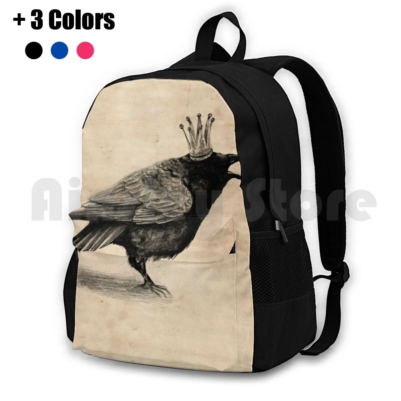 

Crow In Crown Outdoor Hiking Backpack Waterproof Camping Travel Crow Raven Crown Black White Pencil Cute Gentleman Lady Bird