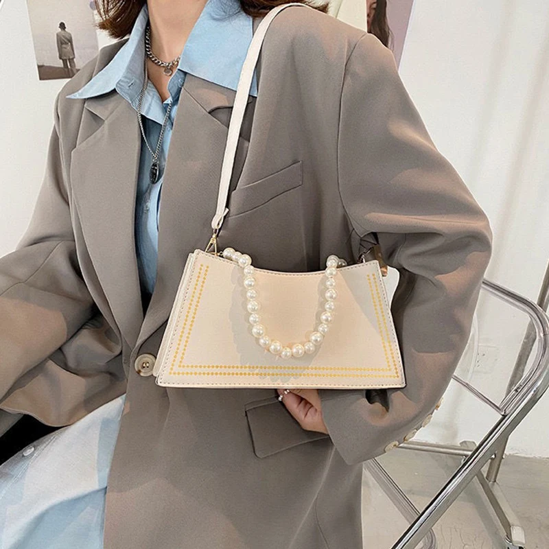 

Underarm Bag Women Bag Designer Baguette Shoulder Bag Female Handbag Purse Beaded Simple Fashion PU Leather 2021 New All-match
