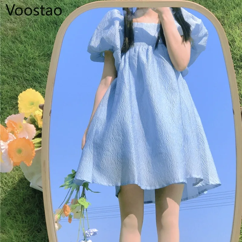 

Summer Sweet Lolita Princess Dress Women Japanese Kawaii Square Collar Puff Sleeve Fairy Dress Female Party Holiday Mini Dresses