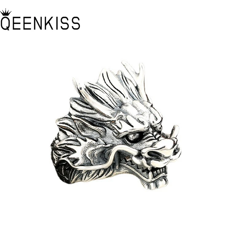 QEENKISS RG6716 Fine Jewelry Wholesale Fashion Male Man Birthday Wedding Gift Retro Dragon Head 925 Sterling Silver Open Ring