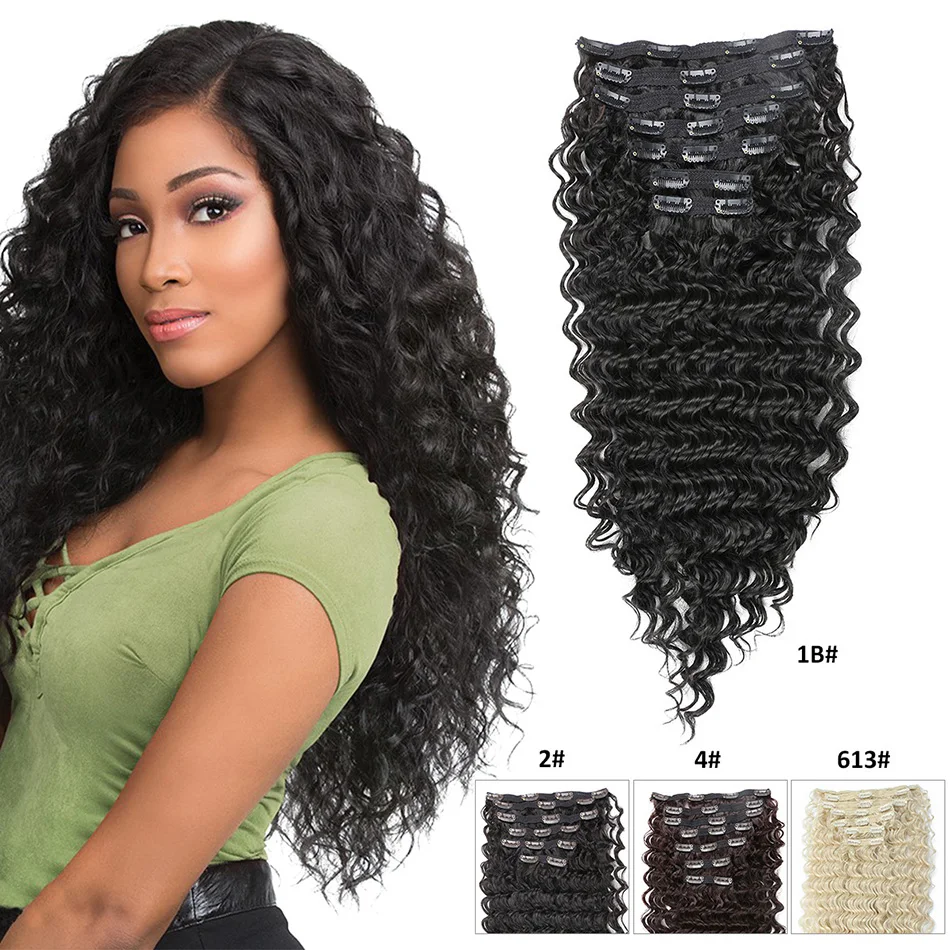 natural black Накладные волосы на заколках, глубокая волна, 24 дюйма, синтетические волосы для наращивания, 20 клипов, 140 г, шиньон, коричневый, 613#, цвет Омбре для женщин - Цвет: natural black