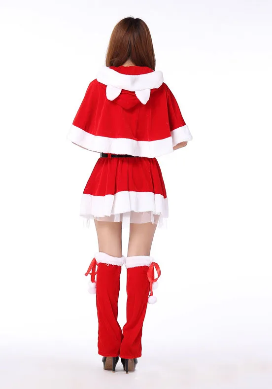 

Christmas Costume Red Velvet Santa Claus Outfit Cosplay Party Stage Performance Hooded Dress Belt Hat Leg Warmer Set