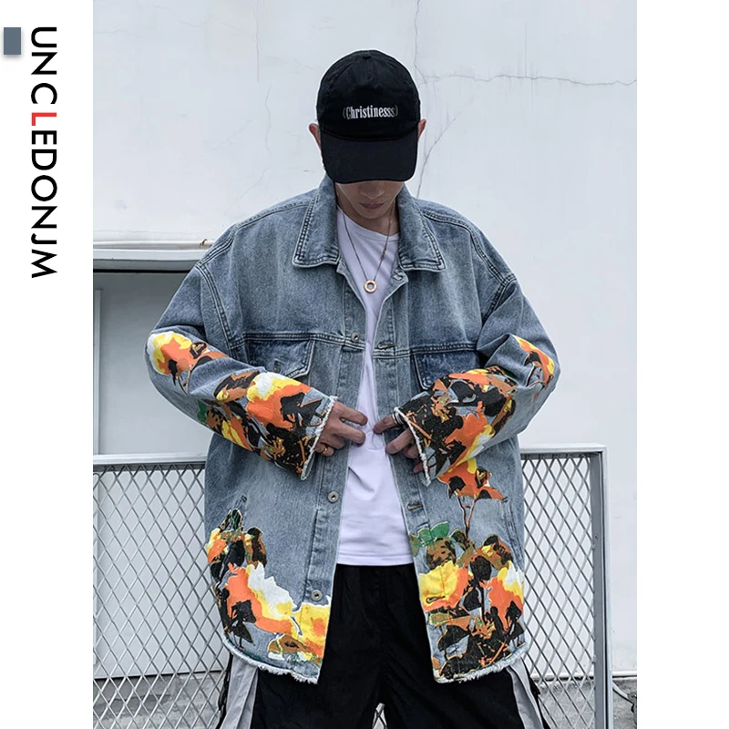 UNCLEDONJM джинсовые куртки с цветочным принтом для мужчин s High Street Distressed джинсовая