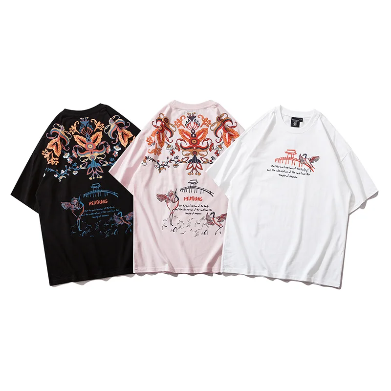 

INS Trend Harajuku Sakura Crane Print Short Sleeve T Shirts Fashion Couple Streetwear Casual Loose 100% Cotton Loose Tees Tops