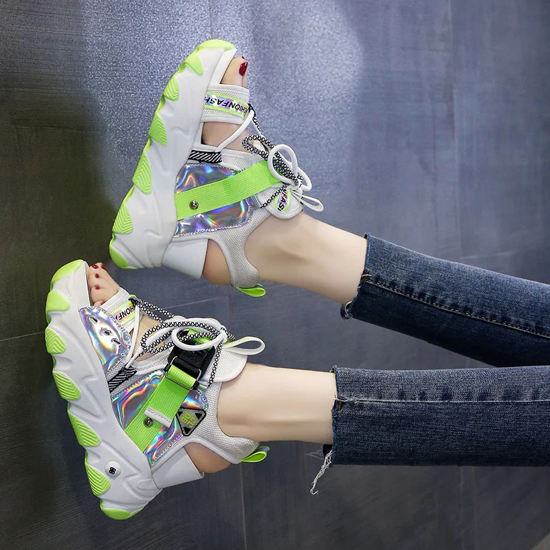 Модные блестящие женские кроссовки с блестками Босоножки на платформе и высоком