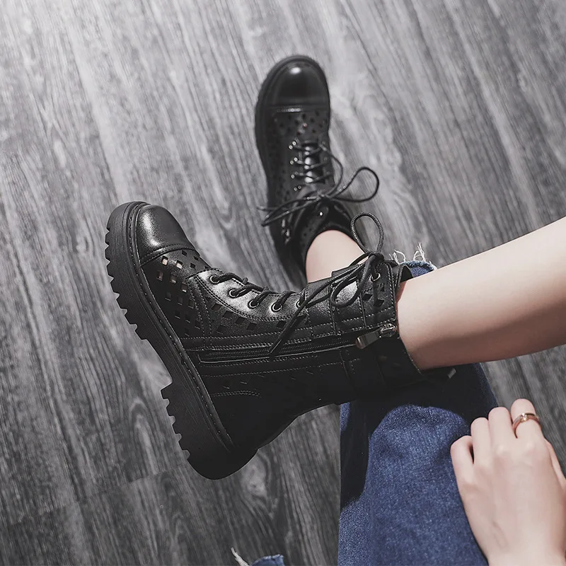 

Women Mid-Calf Martin Boots Summer Hollow Out Breathable Platform Fashion Female Flat Shoes Casual Outdoor Plus Size 34-43