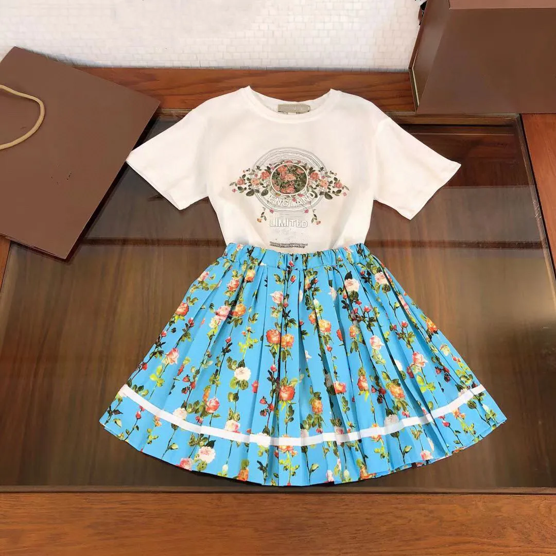 

2021 New White Flower T shirt +Blue small flower Skirt Brand Girls Clothing set suits 100-150CM 3 4 6 8 10 12Years