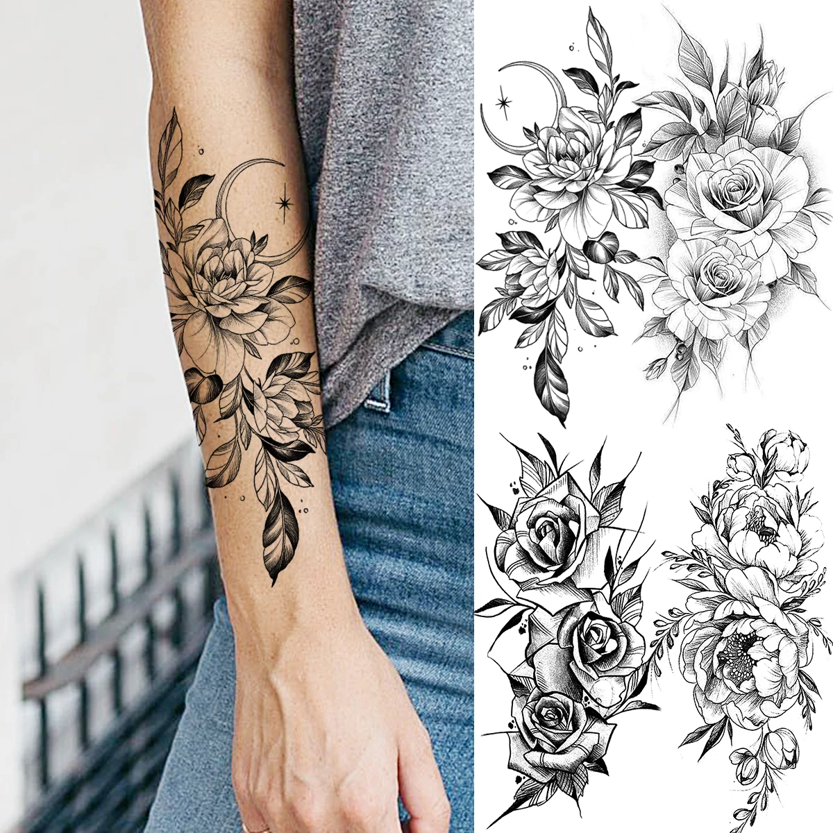 

Black Peony Flower Moon Temporary Tattoos For Women Adult Girl Rose Dahlia Fake Tattoo Fashion Body Art Half Sleeve Tatoos Decal