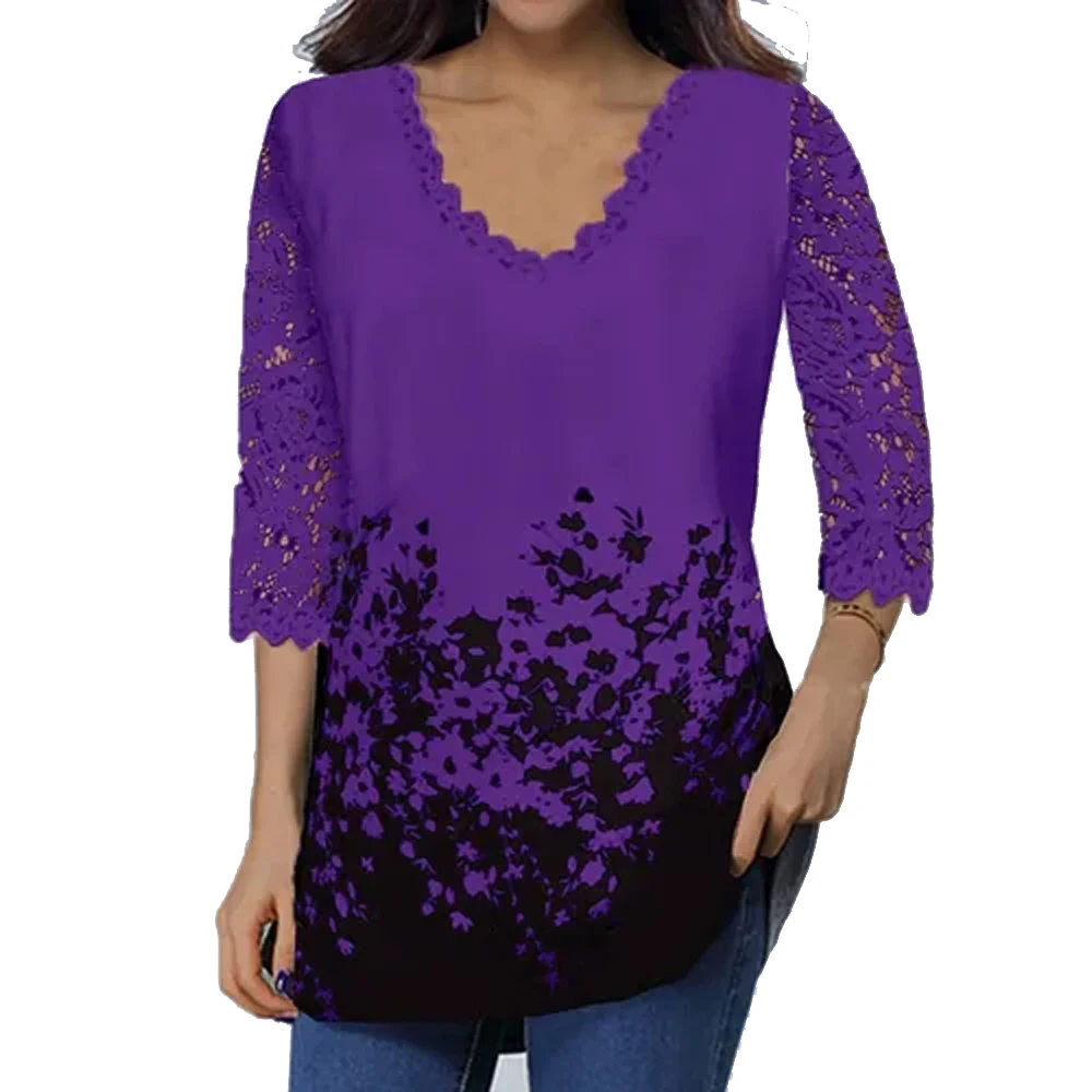 

Повседневный женский сексуальный кружевной вязаный пуловер с V-образным вырезом, Женская длинная футболка с рукавом до локтя, женские топы ...