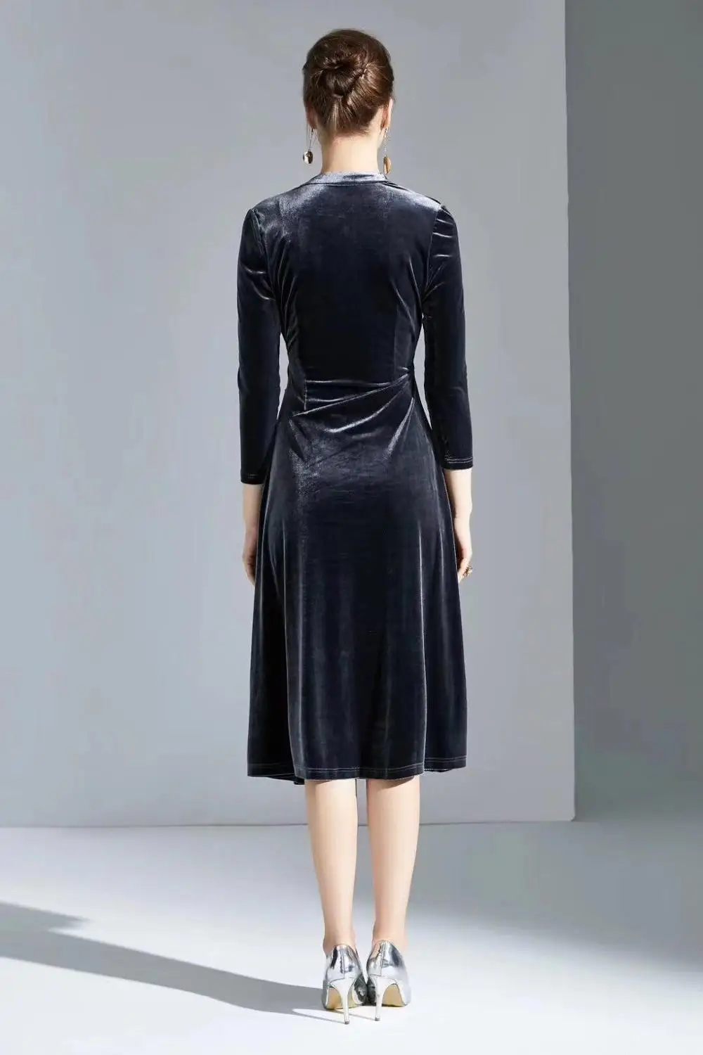 Черное темно-серое бархатное платье 2019 осень зима винтажные вечерние женские с