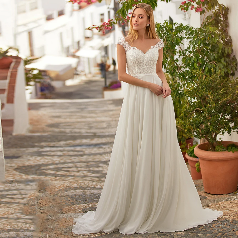 

Женское свадебное платье со шлейфом It's yiiya, белое шифоновое платье А-силуэта с кружевной аппликацией на лето 2019