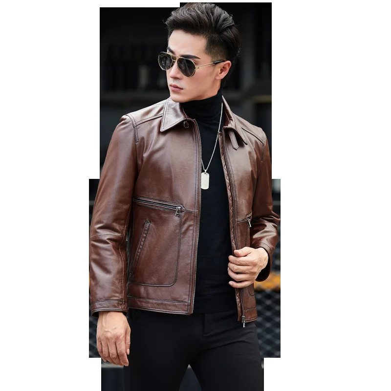 

head leather middle and long Lapel Korean version of slim fashion men's spring and autumn motorcycle leather jacket