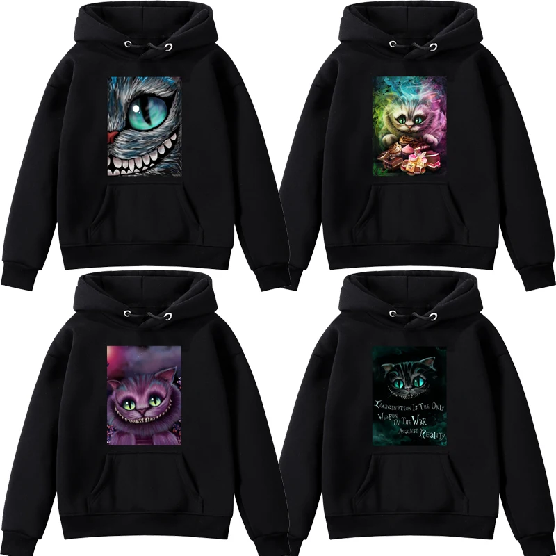 Cheshire gato hoodie das mulheres dos homens legal impresso moletom com capuz moletom adolescentes algodão casual hoodies topos hip hop streetwear preto pulôver