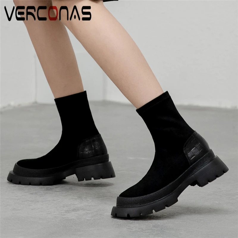 

VERCONAS Concise Casual Ankle Boots For Women 2021 Autumn Winter Warm Platforms Shoes Woman Genuine Leather Thick Heels Boots