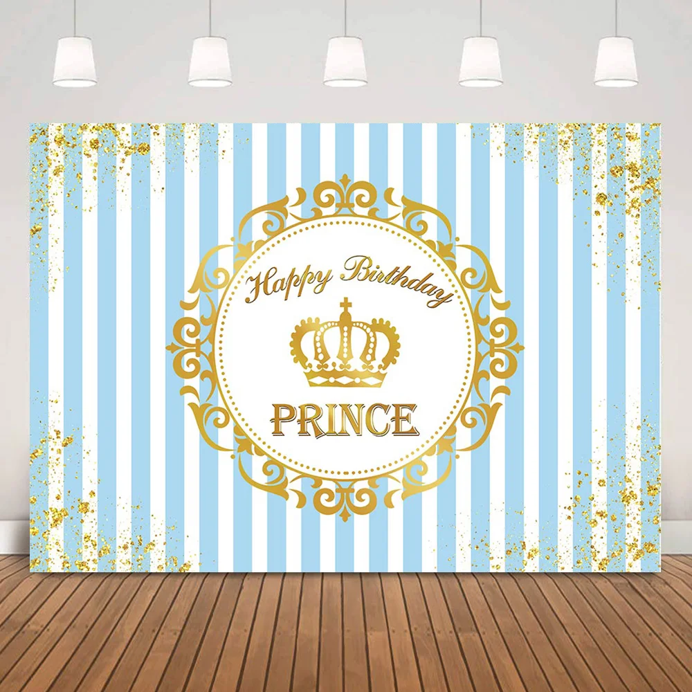 

Prince Newborn Baby Happy Birthday Background Photo Shoot Blue and White Stripes Boy Birthday Backdrop Golden Dots Party Decor