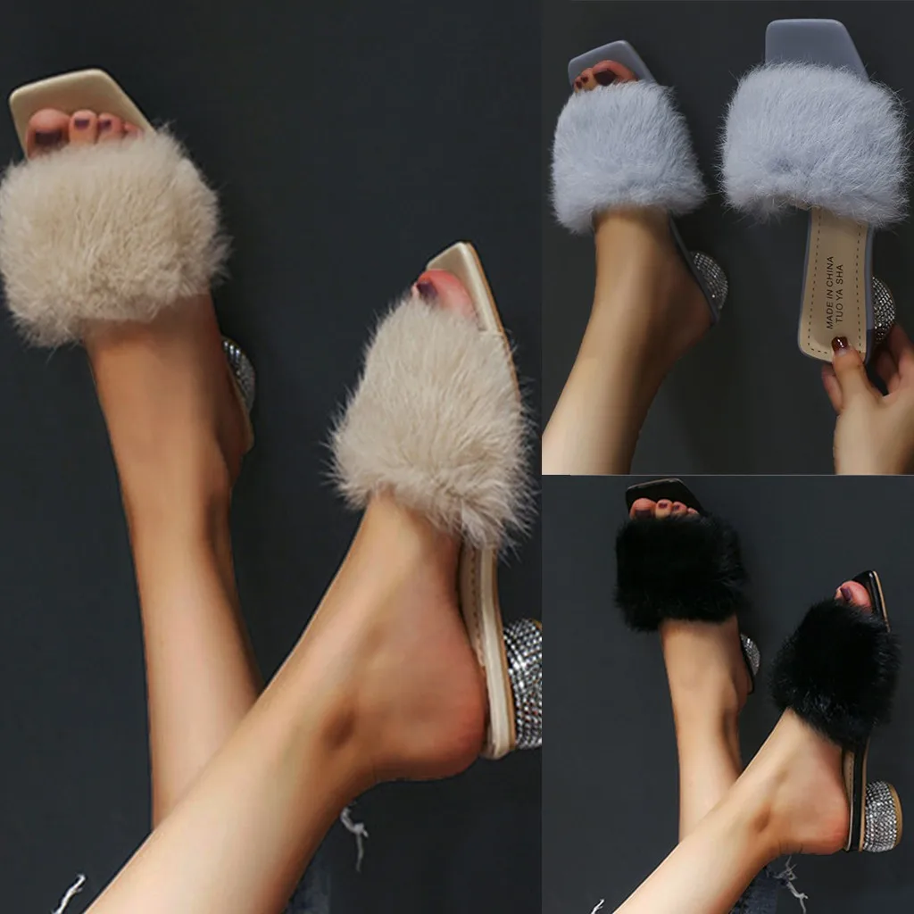 Зимние тапочки с квадратным носком женские меховые домашние пушистые ползунки