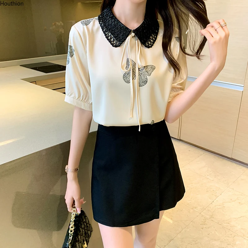

Women's Blouses Fashion Tops Casual Shirts Stitching Blusas Polo Collar Short Sleeve Korean New Summer