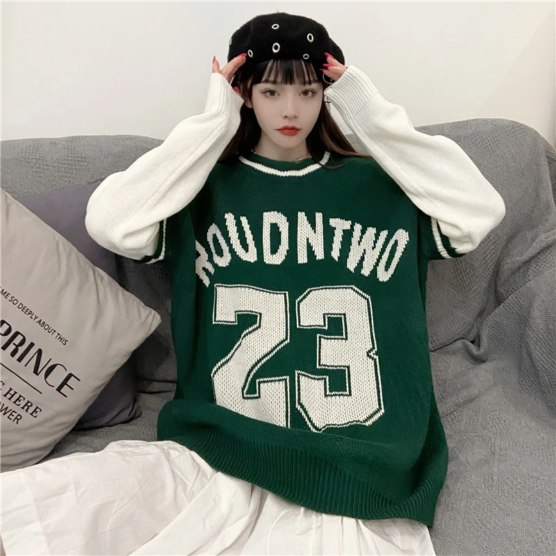 

Женские Свитера New women Sweater Knitted sweater loose street jersey fake two piece stitching contrast color O-Neck jacket