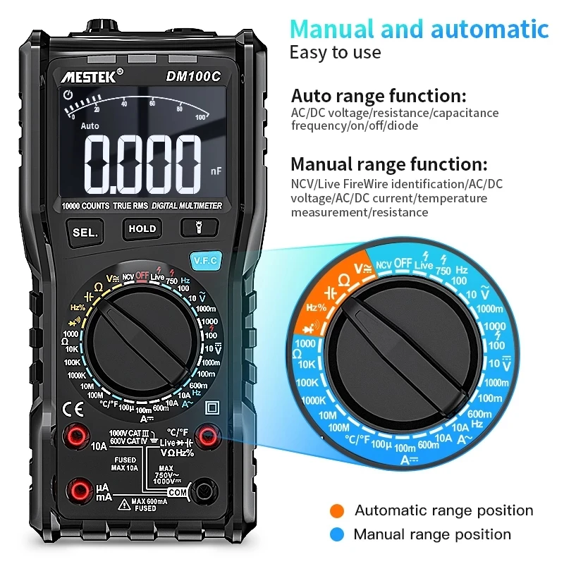 MESTEK DM100C True-RMS Digital Multimeter Button 10000 Count With Analog Bar Graph AC/DC Voltage Ammeter Current Ohm manual/auto