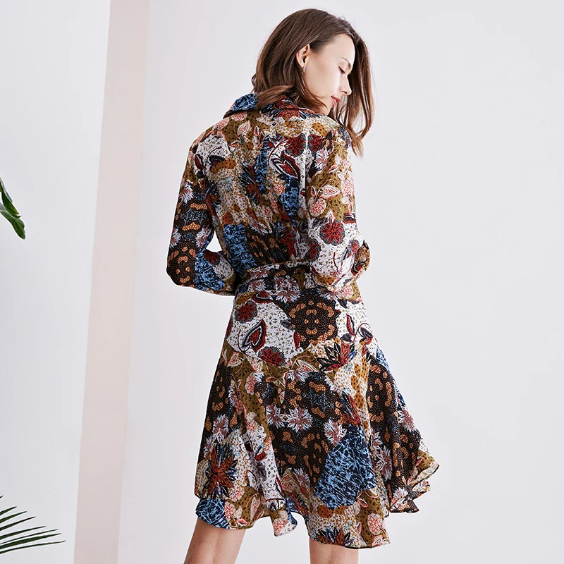 POKWAI женское платье до колена с принтом шелковое длинным рукавом v-образным