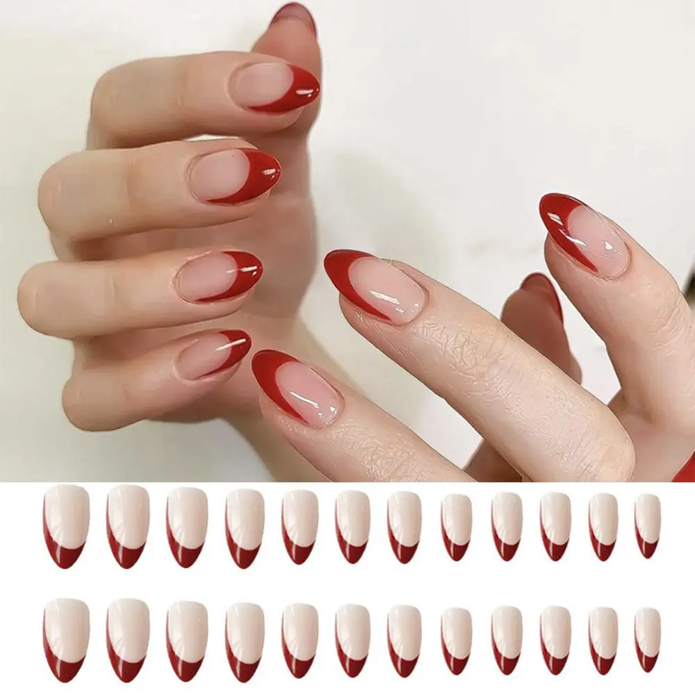 

24pcs/Box Red Almond False Nail Artificial French Fake Nails Full Cover Press On Nail Tips Manicure Tool