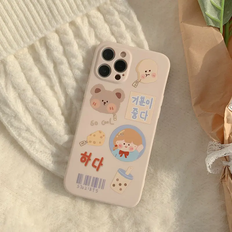 

Cute Cartoon Korean Bear Label Phone Case For iPhone 12 11 Pro Max Xr X Xs Max 7 8 Plus SE 2020 Cases Soft Silicone Cover