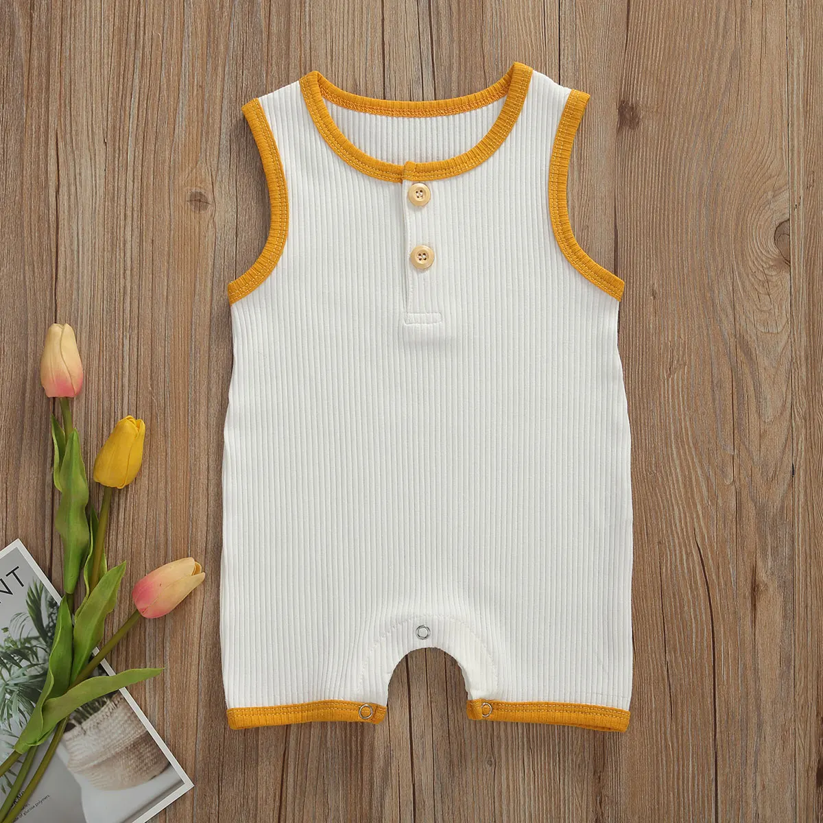 

Baby Romper Cotton Solid Color Round Neck Sleeveless Button Cute Jumpsuit Romper For 0 to 24 Months Babies