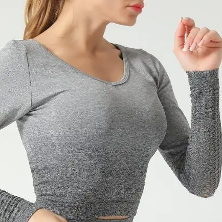 CB221 grey top Зимний бесшовный укороченный топ с длинным рукавом, спортивный бюстгальтер, рубашки, штаны для йоги, фитнеса, спортзала, тренировки, спортивный комплект для йоги, спортивный костюм - Цвет: CB221 grey top