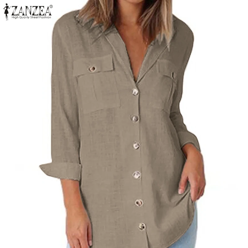 

ZANZEA 2021 Стильная однотонная рубашка, Женская Осенняя блузка, повседневные блузы с длинным рукавом, Женская туника с пуговицами и лацканами, б...