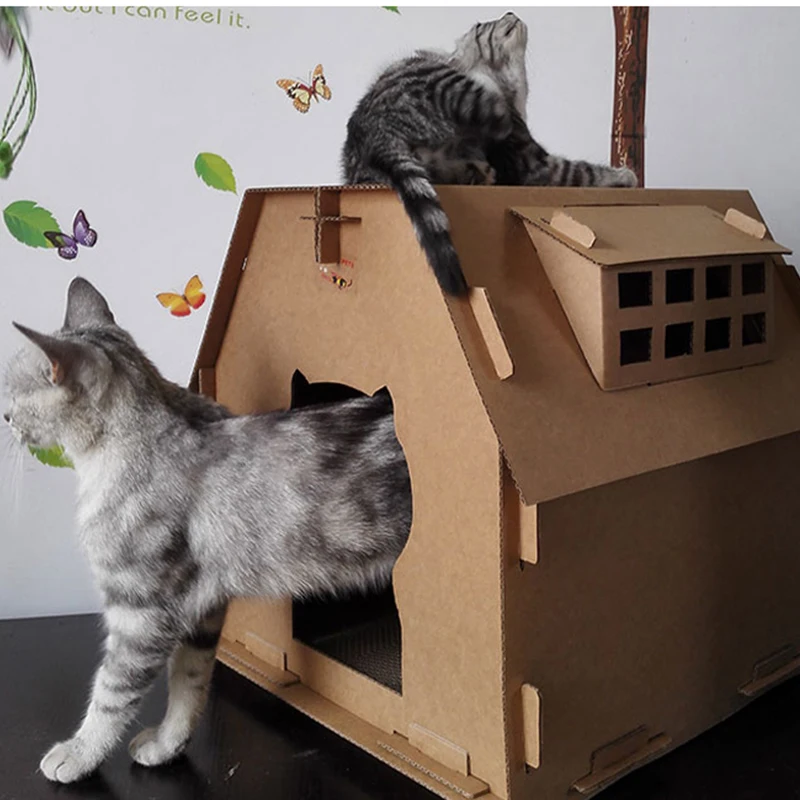 DIY картонная коробка Кошкин дом имеет небольшие инструменты для окон скретч